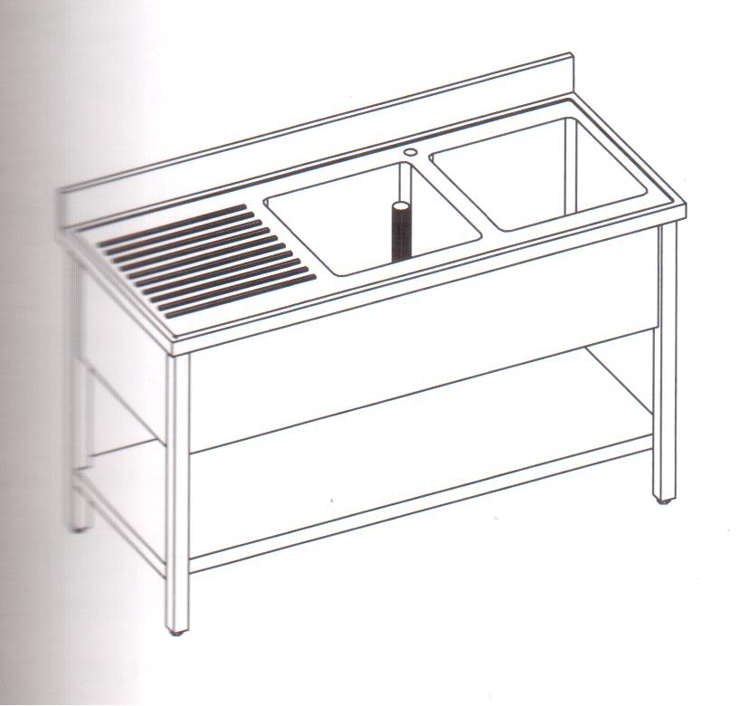 LAVATOIO IN ACCIAIO CON RIPIANO 140X60X85 2 VASCHE + GOCCIOLATOIO