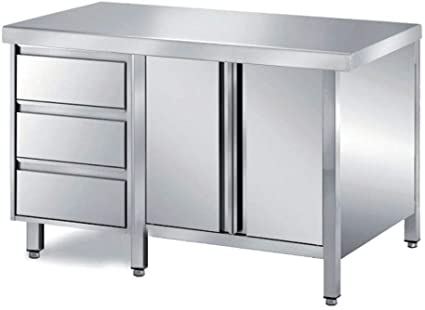 TAVOLO ACCIAIO 120X60X85 ARMADIATO A BATTENTI CON CASSETTIERA