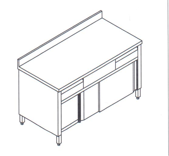 TAVOLO ACCIAIO 120X60X85 ARMADIATO CON CASSETTIERA ORIZZONTALE E ALZATINA