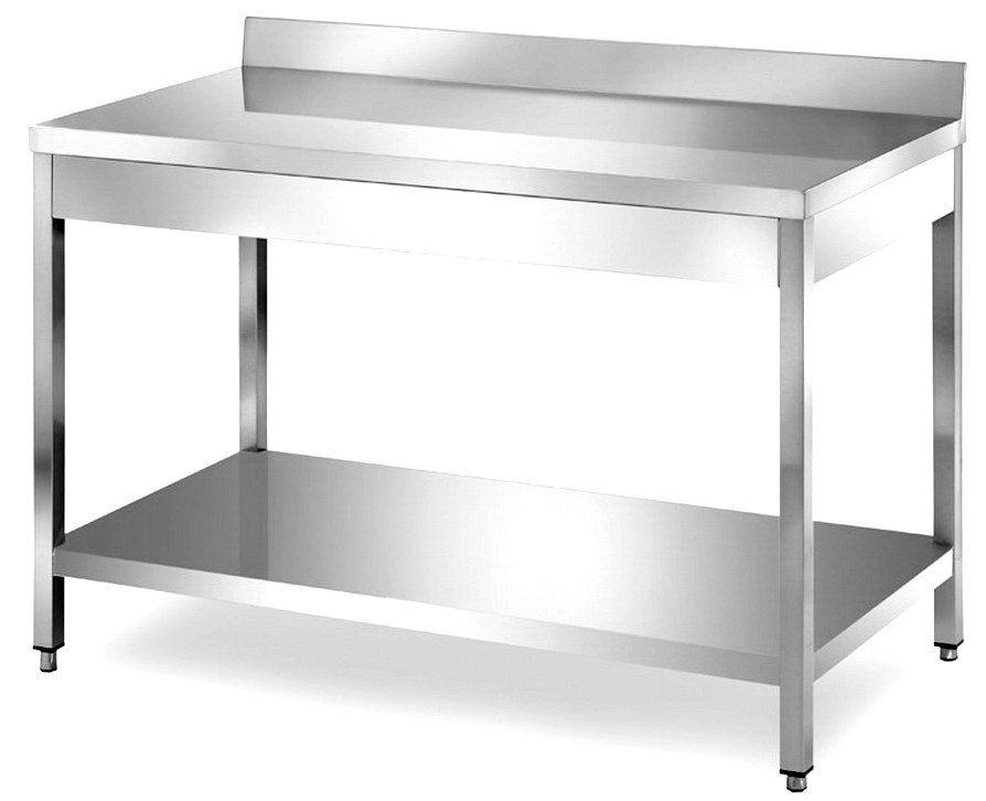 TAVOLO ACCIAIO 220X70X85 CON RIPIANO INFERIORE E ALZATINA POSTERIORE